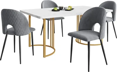 Produktbild von Essgruppe (140×80cm Esstisch mit 4 Stühlen), Samt Esszimmerstuhl Mit Diamantmuster,Verstellbare Stuhlbeine,Grau Samt