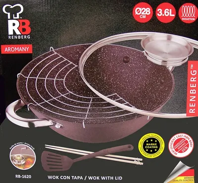 Produktbild von RENBERG WOK 28CM Wokpfanne, 28 cm max. Durchmesser, Gusseisen/Gussaluminium, Induktionsherd-geeignet, Antihaftbeschichtung, inkl. Deckel