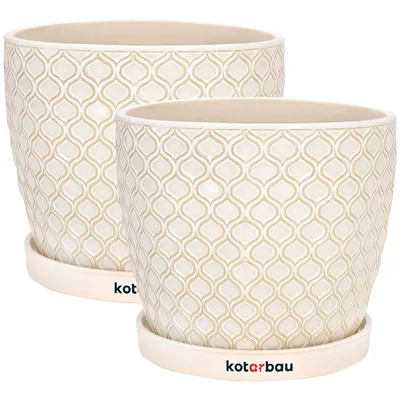 Produktbild von KOTARBAU® 2er Set Keramik Blumentopf Übertopf für Pflanzen ⌀ 17 cm Cremefarben Vintage mit Tropfschale Fischschuppenmuster