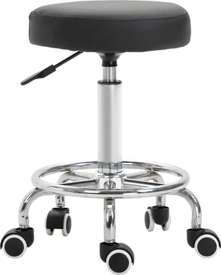A black and silver adjustable rolling stool on a white background.