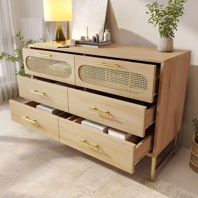 Produktbild von MODFU Rattan Kommode Sideboard mit 6 Schubladen, Schrank Buffet mit Metallgriffen für Wohnzimmer, Schlafzimmer, Sonoma Eiche