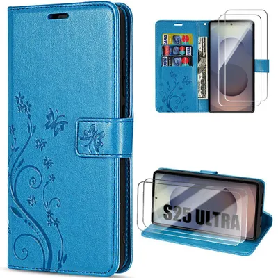 Image de Coque + 2 Verres Trempés pour Samsung Galaxy S25 Ultra, Protection Anti-Rayures CuirPolyuréthaneBleu Motif Relief Floral