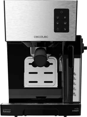 A front view of a black and silver espresso machine.