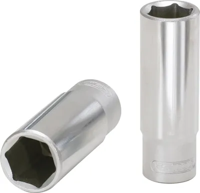 Two chrome-plated hexagonal sockets are shown on a white background. One socket is lying on its side, and the other is standing upright.