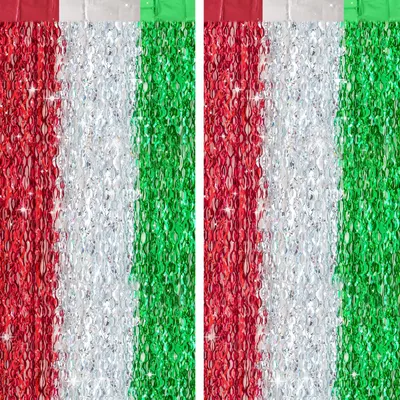 Productafbeelding van Glitterende Lametta Vorhangset in Rood, Groen en Zilver - 2 Stuks