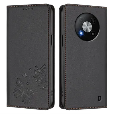 Image de Étui en cuir pour ZTE Blade A73 5G, motif papillon, étui portefeuille à rabat avec support, noir