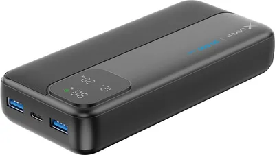 A black power bank is shown on a white background.