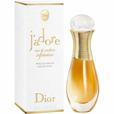 A product shot of a Dior J'adore Eau De Parfum Roller Pearl perfume bottle and its packaging, presented on a white background.