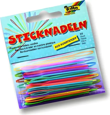 A package of plastic embroidery needles.
