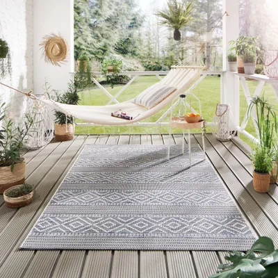 Produktbild von Steffensmeier Indoor Outdoor Teppich Norrland Garten Flur Balkon, wasserfest, strapazierfähig und pflegeleicht, Streifen Beige Blau, Größe: 80x150 cm