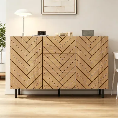 Obrázek produktu pro Komoda rozměrů 120x40x76 cm, s povrchem imitujícím dřevo a černými prvky, vyrobená z dřevotřísky, s 3 zásuvkami a 2 uzavřenými skříňkami, vhodná do obývacího pokoje