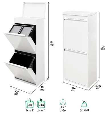 Image de Poubelle de tri sélectif - Conteneur de recyclage pour cuisine - Pour le tri des déchets - Avec compartiment de rangement - 3 compartiments - Blanc