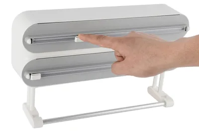 Zdjęcie produktu dla Dozownik do folii spożywczej, 37,2 x 21,3 cm, do folii o wymiarach do 5,7 x 31 cm, montaż: magnetyczny i samoprzylepny, idealny do kuchni i warsztatu, wytrzymała konstrukcja z tworzywa ABS