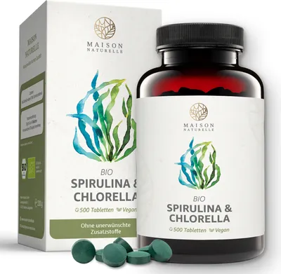 Produktbild von MAISON NATURELLE®Spirulina & Chlorella Mix Presslinge (500 Stück) - Hochdosiert mit 2400mgSpirulina Alge & 2400mgChlorella Alge je Tagesdosis – chlorella spirulinatabletten, spirulina chlorella kapseln
