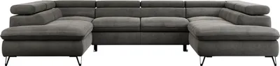 Produktbild von Wohnzimmersofa mit Schlaffunktion, U-form, verstellbare Kopfstützen, Bettkasten - PEDRO U - Velvet - Dunkelgrau