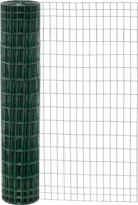 A roll of green wire mesh fencing is shown, partially unrolled.
