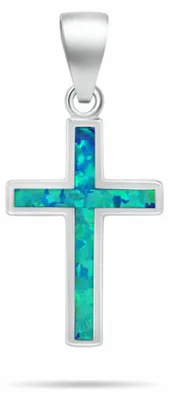 Image de Pendentif croix en argent avec opale synthétique bleu-vert PT141WB