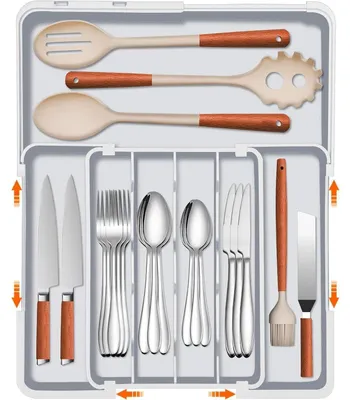 Image de Organisateur de tiroirs à couverts, réglable, gris, en plastique