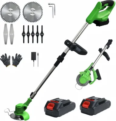 Produktbild von Akku-Rasentrimmer 21V mit 2 Akku und Ladegerät, Faltbarer Unkrautfresser, 3 Arten Klinge, Teleskop-Stiel & Zusatzhandgriff  für Rasen,Garten (Grün)