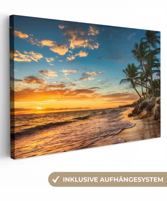 Produktbild von MuchoWow® - Leinwandbilder - Strand - Sonnenuntergang - Meer - Palme, Wandbild, Wanddeko Bilder Wohnzimmer, 120x80 cm
