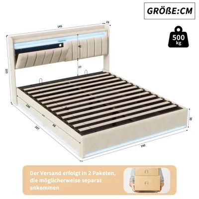 Image de Lit tapissier 140 x 200 cm - Structure de lit avec espace de rangement - Système de levage hydraulique - Éclairage LED - Port de charge USB - Revêtement en velours - Sommier à lattes inclus - Tête de lit avec espace de rangement - Beige
