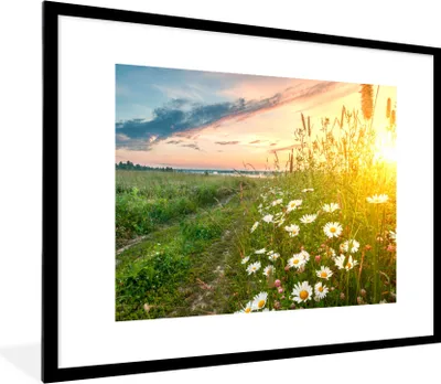 Produktbild von MuchoWow® Gerahmtes Poster Blumen - Gänseblümchen - Natur - Sonne - Horizont 80x60 cm - Poster mit Schwarzem Bilderrahmen Wandposter Rahmen Foto Bilder - Schlafzimmer-Dekorationen - Fotoposter