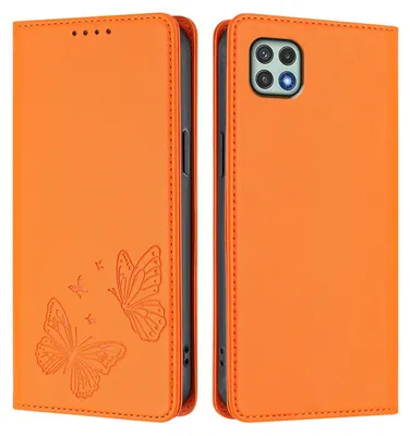 Image de Étui en cuir pour Samsung Galaxy A22 5G, motif papillon en relief, étui à rabat type portefeuille avec support, orange