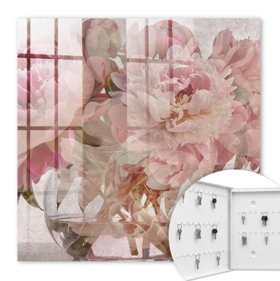 Produktbild von Metall Schlüsselkasten 30 x 30 cm - weißer Schlüsselschrank zur Wandmontage - wandhängende Schlüsselbox mit Tür - nach links öffnend - Schlüsselaufbewahrung für Flur - Büro - Arbeitszimmer - Werkstatt - Garage - Romantische Blumen