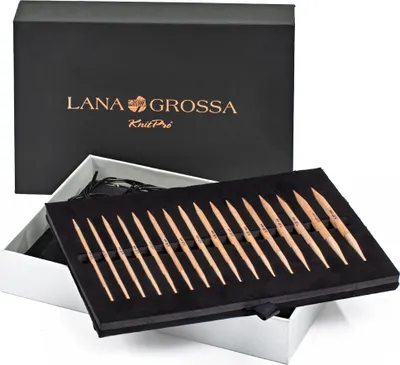 A set of Lana Grossa knitting needles in a presentation box.