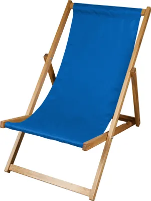 A blue deck chair made of wood.