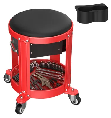 Produktbild von YARDIN Werkstatthocker Arbeitshocker Praxishocker, Metallrahmen, Werkzeugablage Schubladen Dosenhalter, 360° Rollen für Werkstatt Garage