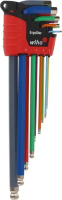 Produktbild von Wiha Winkelschlüsselsatz, Sechskant-Kugelkopf, kurz – 9-teilig – ErgoStar Halter – Farbig & Beleuchtet – Maxami