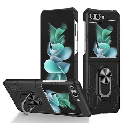Immagine prodotto di Custodia per Samsung Galaxy Z Flip 5, robusta custodia rigida in PC, antiurto con supporto ad anello e supporto nero