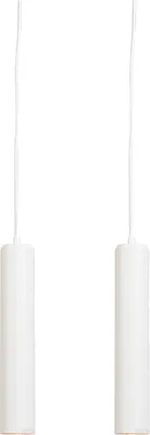 Two white cylindrical pendant lights hanging from white cords against a white background.