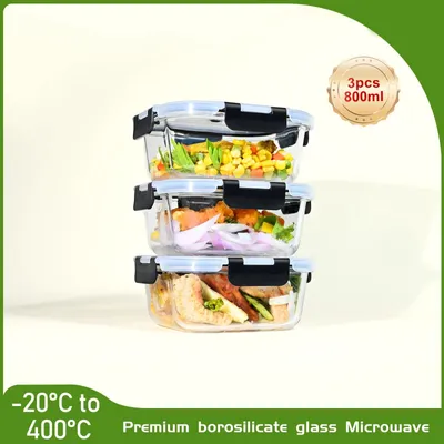 Produktbild von Glas Frischhaltedosen - 3x800 ml Vorratsdosen Set - Aus Borosilikatglas - Luftdicht - Ofen-, Gefrier-, Mikrowellen- & Spülmaschinengeeignet - BPA-frei