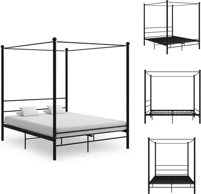 A black metal canopy bed frame with a mattress and pillows, shown from a side angle. Several smaller images of the bed frame from different angles are also present.