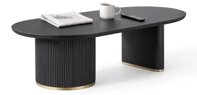 Produktbild von HOOZ® Couchtisch Set Oval Modern – 130x70 cm  – 4 cm Holzplatte – Säulenfuß Design – Sofatisch –  pflegeleicht & stabil, Schwarz