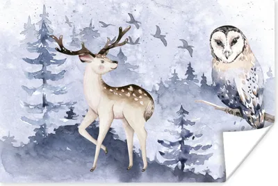 Produktbild von MuchoWow® Poster Winter - Wald - Eule - Hirsch 180x120 cm - Fotoplakat