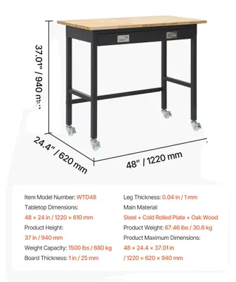 Image de Établi, capacité de charge de 1 500 lb, mobile avec rangement à tiroirs, 48 x 24 pouces