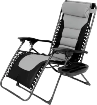 Produktbild von Gepolsterter Zero Gravity Lounge Chair - Gartenstuhl - Liegestuhl - Für Terrasse und Garten - Klappbarer Sessel mit verstellbarer Kopfstütze, Getränkehalter und Tragfähigkeit bis 160 kg - 1 Stück - Schwarz