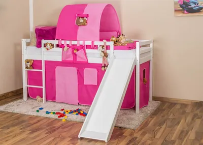 Produktbild von Kinderbett Hochbett Georg mit Rutsche Buche Vollholz massiv weiß lackiert inkl. Rollrost - 90 x 200 cm