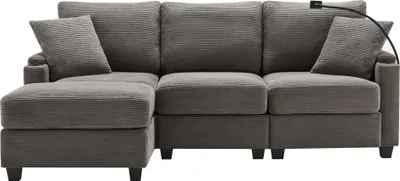 Produktbild von Merax Ecksofa, mit Schlaffunktion, L-Form 3-Sitzer-Sofa mit Fußhocker, Getränkehalter, USB, Type C, Armlehnenablage, Couch, Bettsofa, Cord, Grau