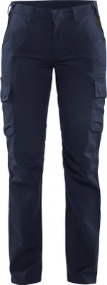 A pair of navy blue cargo pants is shown against a white background.