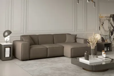 Productafbeelding van Designbank CELES, hoekbank, stof Opera Velvet, kleur taupe, met ottomane aan de rechterkant