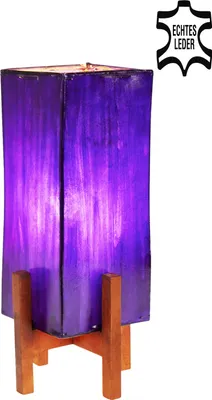 Produktbild von Ledertischlampe Janka Lila mit dunkelbraunem Gestell 39cm | orientalische Lederlampe handgefertigt | Tischlampe aus Ziegenleder & Metall | Nachttischlampe im marokkanischen Boho Design