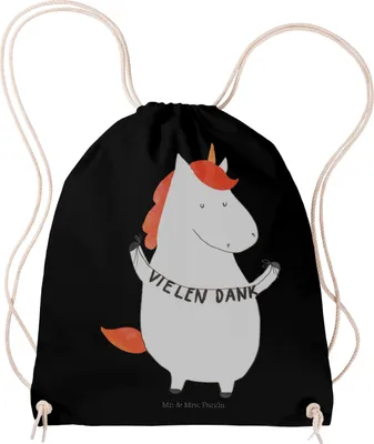 Produktbild von Mr. & Mrs. Panda Alltagstasche Einhorn Dankeschön - Schwarz - Geschenk, kordelzugbeutel, Einhörner, Turnbeutel, Danksagung, wander rucksack, Rucksackbeutel, Stoffbeutel