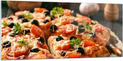 Produktbild von Bilder auf glas - Pizza Käse Tomaten - 120x50cm - Glasbilder - Wandbilder - Kunstdruck - zum Aufhängen bereit - Wanddekoration aus Glas - Glas Bilder - Wandbild auf Glas - Einteilig - GAB120x50-3907