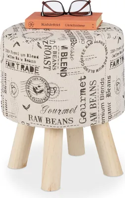 Immagine prodotto di Pouf Relaxdays, rivestimento in tessuto, gambe in legno, imbottito, pouf rotondo, soggiorno, motivo caffè, A x P: 38 x 32 cm, color crema