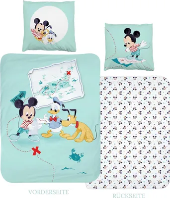 Produktbild von Mickey Mouse Bettwäsche, 135x200 + 80x80 cm 2 tlg., 100 % Baumwolle in Renforcé, Disney's Mickey Mouse, Pluto & Donald Duck auf Schatzsuche Bettwäsche-Set für Kinder in mint