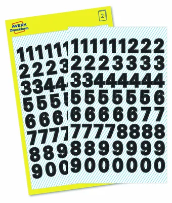 Sheets of black number stickers on a light blue striped background, with a yellow Avery Zweckform backing sheet.